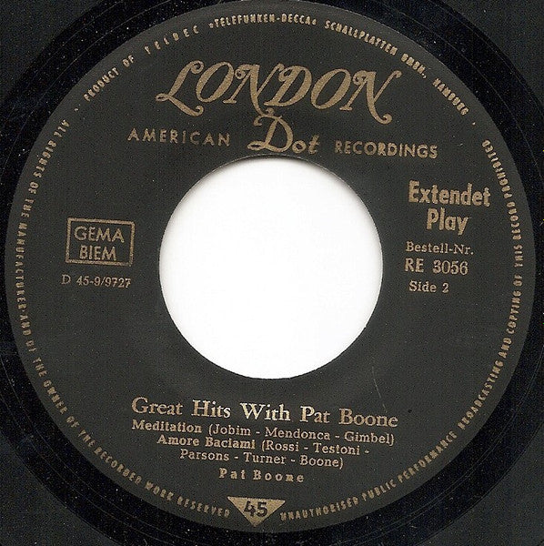 Pat Boone : Great Hits With Pat Boone (7", EP, Mono)