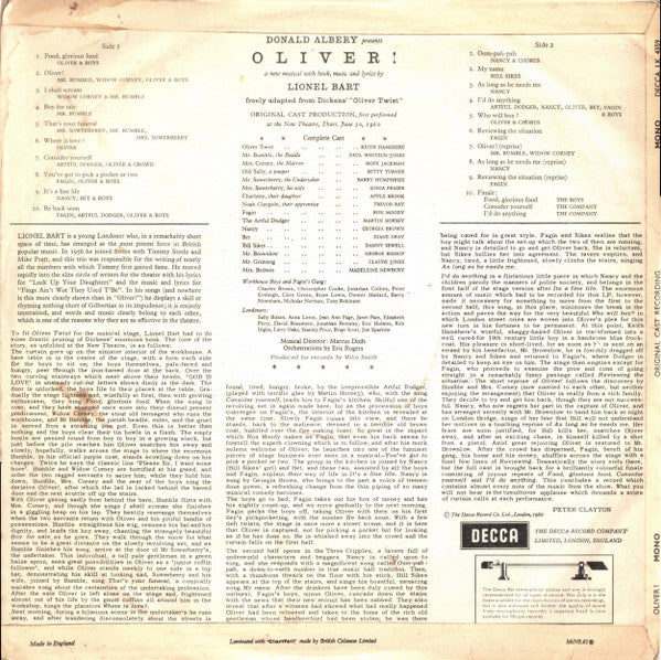 Lionel Bart - "Oliver!" Original London Cast : Oliver! (LP, Album, Mono, RP, Z/T)