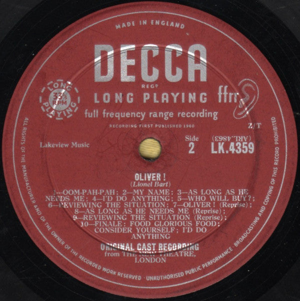 Lionel Bart - "Oliver!" Original London Cast : Oliver! (LP, Album, Mono, RP, Z/T)