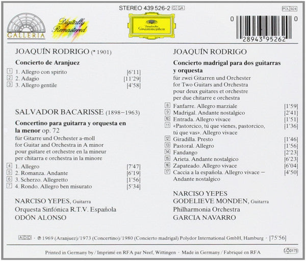 Joaquín Rodrigo, Salvador Bacarisse, Narciso Yepes, Godelieve Monden, Odón Alonso, Garcia Navarro, Orquesta Sinfónica de RTVE, Philharmonia Orchestra : Concierto De Aranjuez / Concierto Madrigal / Concertino (CD, Comp)