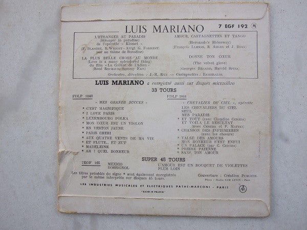 Luis Mariano : L'etranger Au Paradis / La Plus Belle Chose Du Monde / Amour, Castagnettes Et Tango / Donne Ton Coeur  (7", EP)