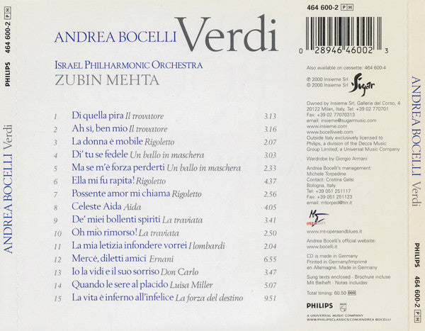 Andrea Bocelli, Israel Philharmonic Orchestra, Zubin Mehta : Verdi (CD, Album)