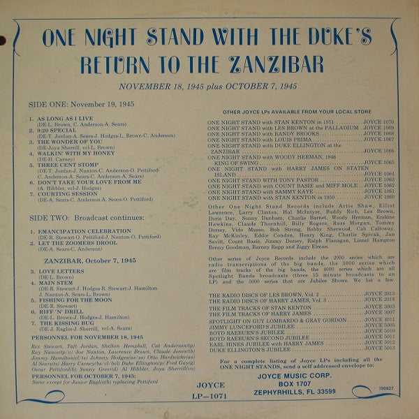 Duke Ellington And His Orchestra : One Night Stand With The Duke's Return To The Zanzibar (LP, Mono)