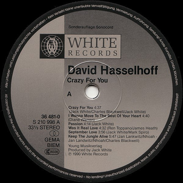 David Hasselhoff : Crazy For You (LP, Album, Club)