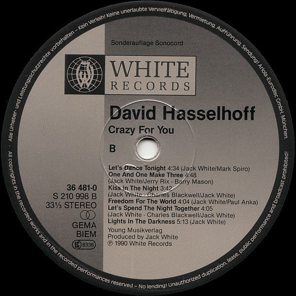 David Hasselhoff : Crazy For You (LP, Album, Club)