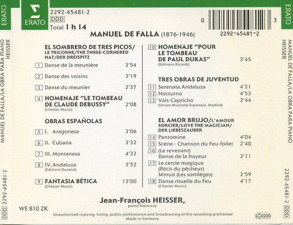 Manuel De Falla, Jean-François Heisser : La Obra Para Piano (= L'œuvre Pour Piano = Piano Works = Klavierwerke) (CD, RE)