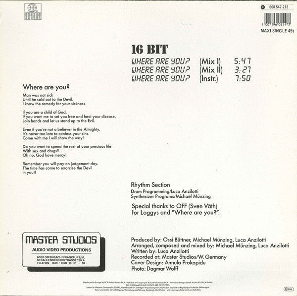 16 Bit : Where Are You? (12", Maxi)