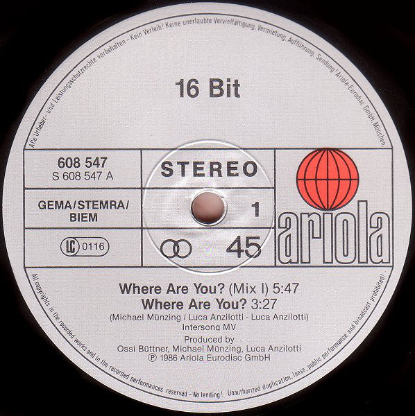 16 Bit : Where Are You? (12", Maxi)