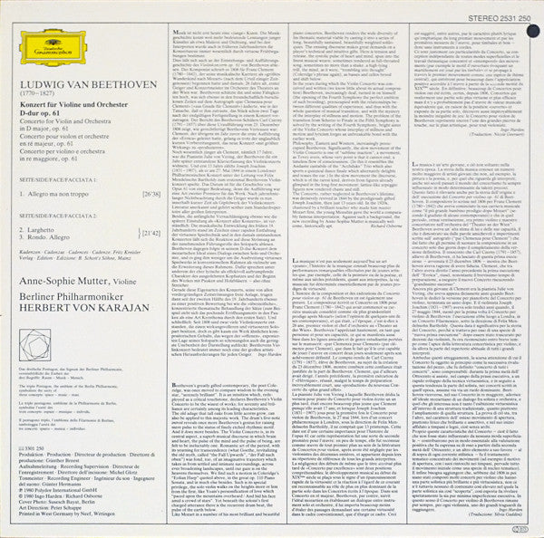 Ludwig van Beethoven - Anne-Sophie Mutter, Berliner Philharmoniker ∙ Herbert von Karajan : Violinkonzert = Violin Concerto (LP)