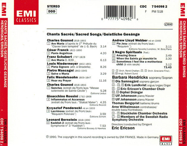 Barbara Hendricks, Eric Ericsons Kammarkör, Orphei Drängar, Snyko, Sveriges Radios Symfoniorkester, Eric Ericson : Chants Sacrés = Sacred Songs = Geistliche Gesänge (CD, Album)