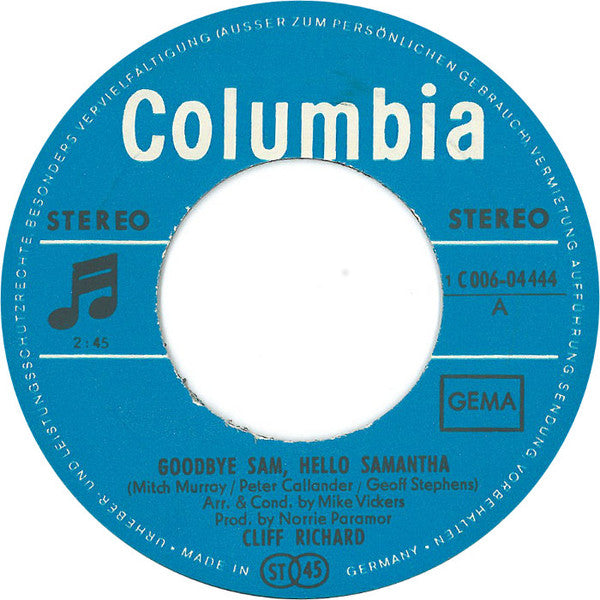 Cliff Richard : Goodbye Sam, Hello Samantha (7", Single)