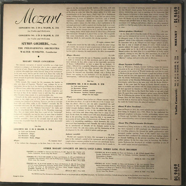 Mozart*, Szymon Goldberg, The Philharmonia Orchestra*, Walter Susskind : Concerto No. 3 In G Major, K.216 / Concerto No. 4 In D Major, K.218 (LP, Album, Mono)