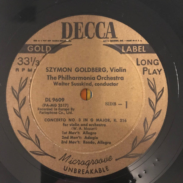Mozart*, Szymon Goldberg, The Philharmonia Orchestra*, Walter Susskind : Concerto No. 3 In G Major, K.216 / Concerto No. 4 In D Major, K.218 (LP, Album, Mono)