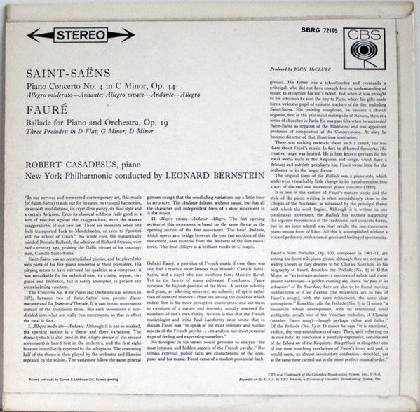 Camille Saint-Saëns / Gabriel Fauré - Robert Casadesus, Leonard Bernstein, New York Philharmonic : Concerto No. 4 For Piano And Orchestra / Ballade For Piano And Orchestra / Three Preludes (LP)