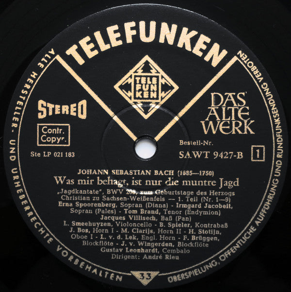 Johann Sebastian Bach - Erna Spoorenberg, Irmgard Jacobeit, Tom Brand, Jacques Villisech, Monteverdi-Chor Hamburg · Amsterdams Kamerorkest · André Rieu (2) : Jagdkantate BWV 208 (LP)