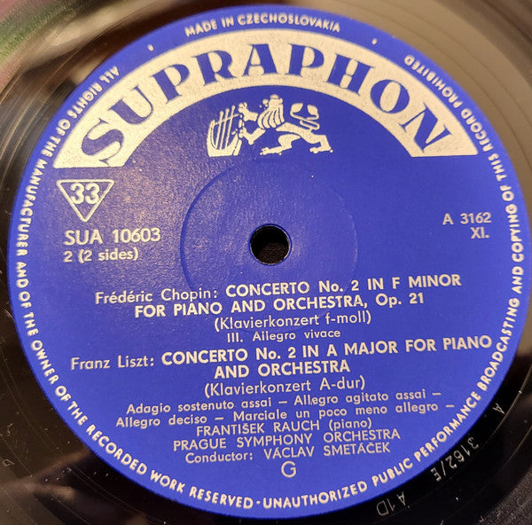 Frédéric Chopin / Franz Liszt, František Rauch, The Prague Symphony Orchestra, Václav Smetáček : Piano Concerto No. 2 In F Minor / Piano Concerto No. 2 In A Major (LP, Album, Mono)