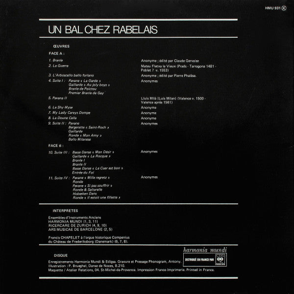 Ensemble D'Instruments Anciens Harmonia Mundi / Ricercare-Ensemble Für Alte Musik, Zürich / Ars Musicae De Barcelona / Francis Chapelet : Un Bal Chez Rabelais (LP)