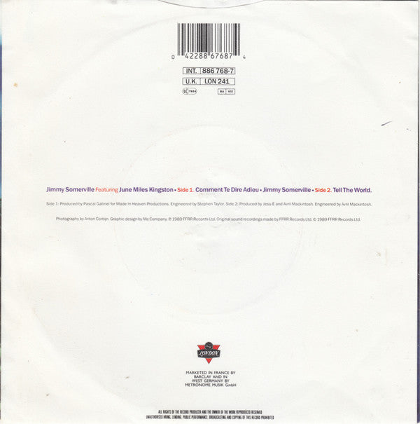 Jimmy Somerville Featuring June Miles-Kingston : Comment Te Dire Adieu (7", Single)