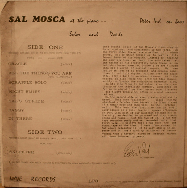 Sal Mosca, Peter Ind : Solos And Duets (LP, Album)