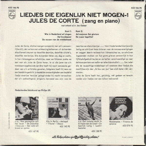 Jules de Corte : Liedjes Die Eigenlijk Niet Mogen - 1 (7", EP, Mono)