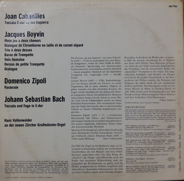Hans Vollenweider / Johann Sebastian Bach, Juan Cabanilles, Jacques Boyvin, Domenico Zipoli : Hans Vollenweider An Der Neuen Zürcher Großmünster-Orgel (10")