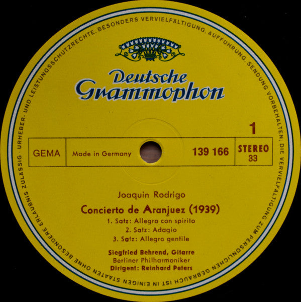 Joaquín Rodrigo, Mario Castelnuovo Tedesco / Siegfried Behrend, Berliner Philharmoniker, Reinhard Peters : Concierto De Aranjuez · Concerto In D (LP, RP)