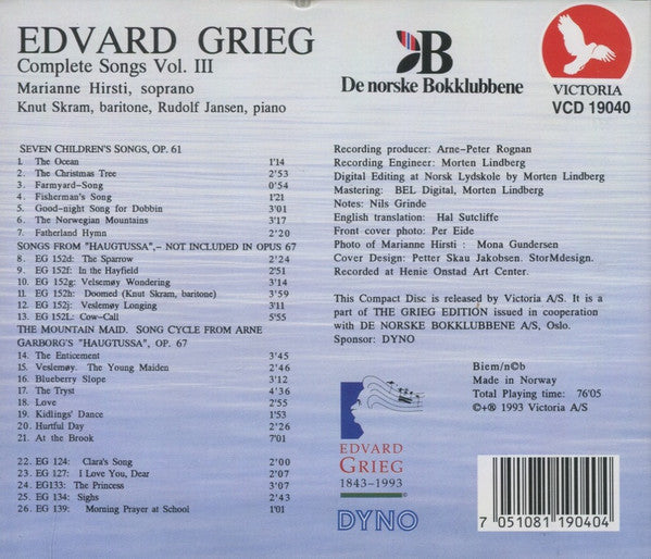 Edvard Grieg, Marianne Hirsti, Rudolf Jansen : Complete Songs Vol. III (CD, Album)