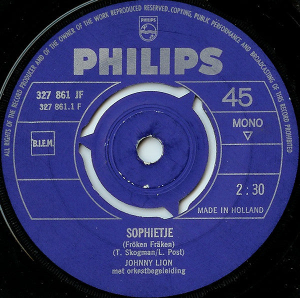 Johnny Lion : Sophietje (7", Single, Mono, Blu)