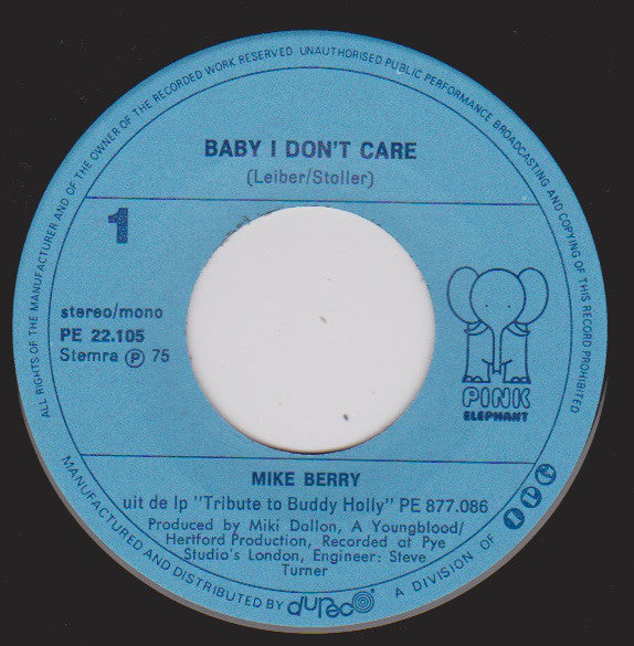Mike Berry : Baby I Don't Care (7", Single)
