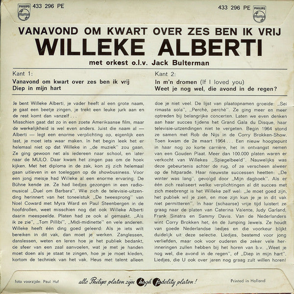 Willeke Alberti : Vanavond Om Kwart Over Zes Ben Ik Vrij (7", EP, Mono)