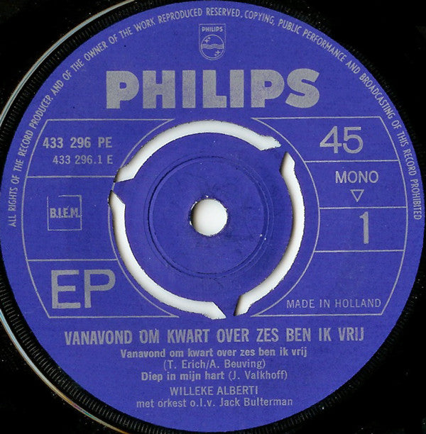 Willeke Alberti : Vanavond Om Kwart Over Zes Ben Ik Vrij (7", EP, Mono)