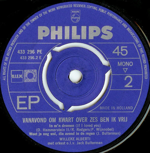 Willeke Alberti : Vanavond Om Kwart Over Zes Ben Ik Vrij (7", EP, Mono)