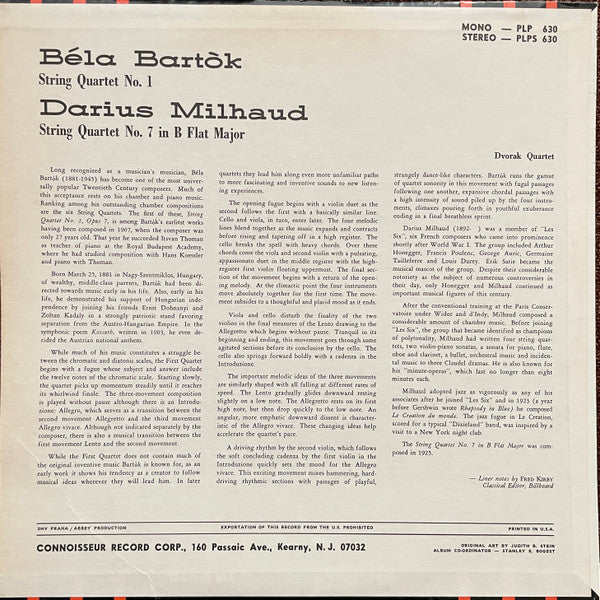 Béla Bartók, Darius Milhaud, Dvořák Quartet : String Quartet No. 1 / String Quartet No. 7 (LP)