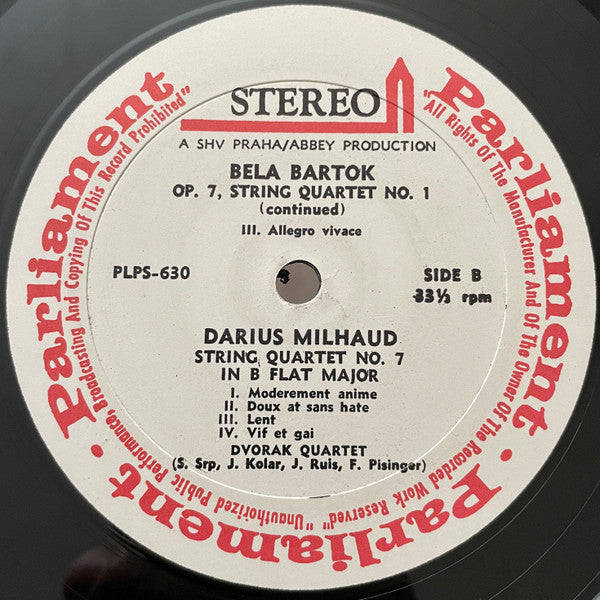 Béla Bartók, Darius Milhaud, Dvořák Quartet : String Quartet No. 1 / String Quartet No. 7 (LP)