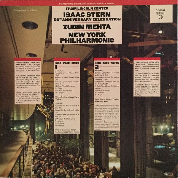 Isaac Stern / Pinchas Zukerman / Itzhak Perlman / Zubin Mehta / New York Philharmonic : From Lincoln Center Isaac Stern 60th Anniversary Celebration (LP, Album, Gat)