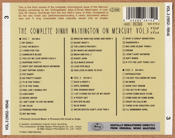 Dinah Washington : The Complete Dinah Washington On Mercury Vol.3 1952-1954 (3xCD, Comp, RM)