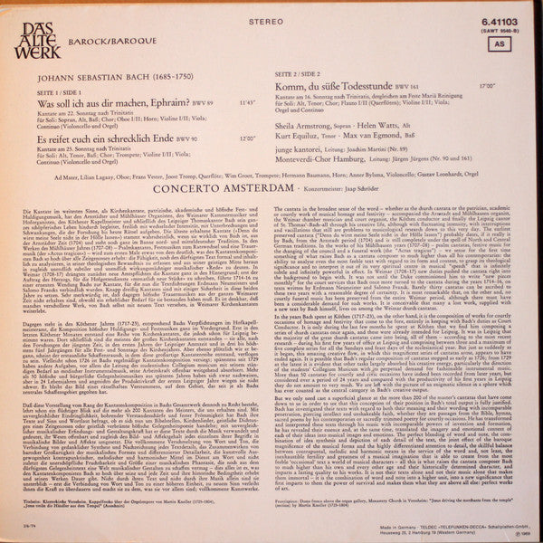 Johann Sebastian Bach, Concerto Amsterdam, Jaap Schröder : Kantaten・Cantatas (LP)