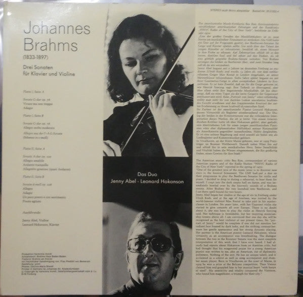 Johannes Brahms / Jenny Abel, Leonard Hokanson : 3 Sonaten Für Klavier Und Violine (2xLP, Album, Gat)