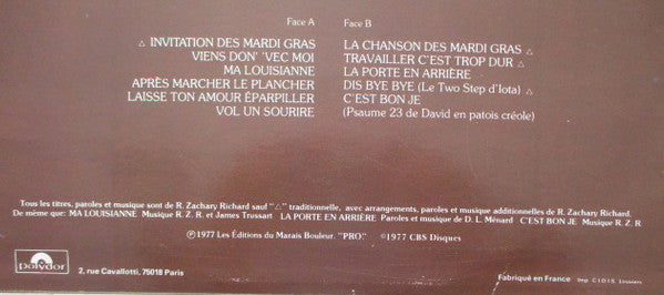 Zachary Richard : Mardi Gras (LP, Album, RE)