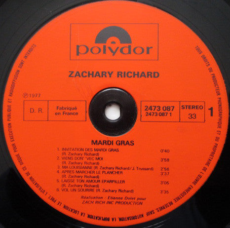 Zachary Richard : Mardi Gras (LP, Album, RE)