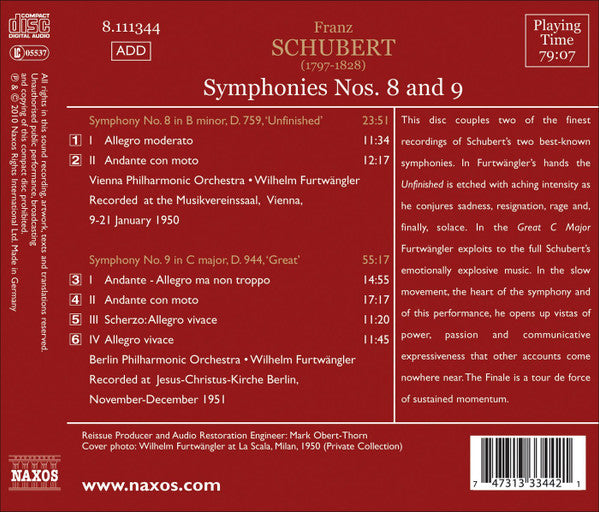 Franz Schubert, Wilhelm Furtwängler, Wiener Philharmoniker, Berliner Philharmoniker : Symphonies No. 8 And 9 (CD, Comp, Mono)