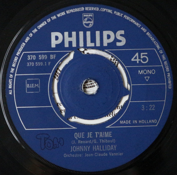 Johnny Halliday* : Que Je T'aime / Voyage Au Pays Des Vivants (7", Single)