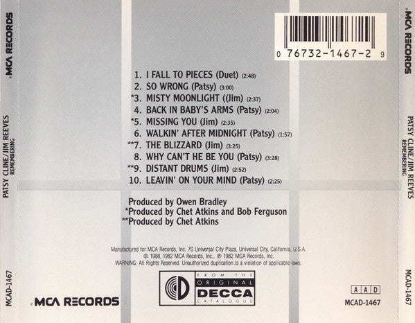 Patsy Cline & Jim Reeves : Remembering (CD, Comp, RE)
