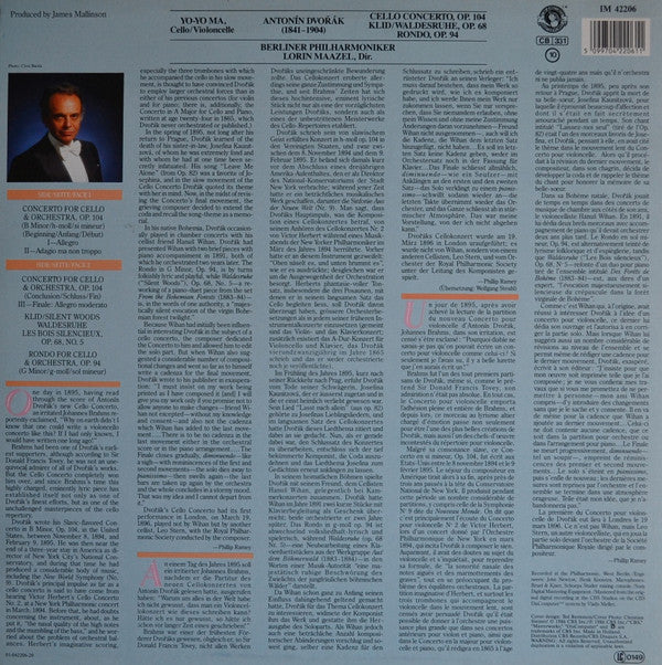 Yo-Yo Ma, Dvořák*, Berliner Philharmoniker, Lorin Maazel : Cello Concerto, Op.104 / Rondo, Op.94 / Klid/Waldesruhe, Op.68 No. 5 (LP)