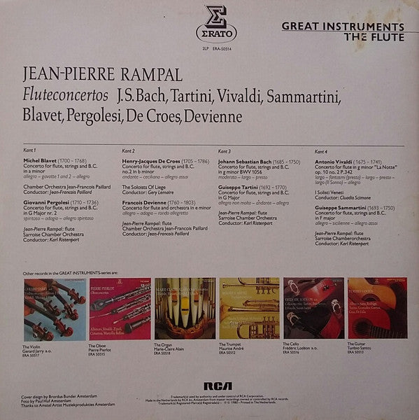 Johann Sebastian Bach, Giuseppe Tartini, Antonio Vivaldi, Giuseppe Sammartini, Giovanni Battista Pergolesi, Michel Blavet, Henri-Jacques de Croes, François Devienne - Jean-Pierre Rampal : Fluteconcertos (2xLP, Comp)
