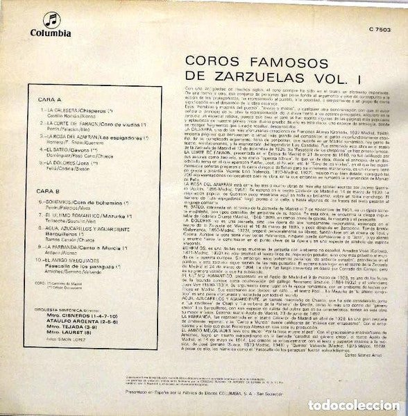 Various : Coros Famosos De Zarzuelas, Vol. I (LP, Comp, Mono)