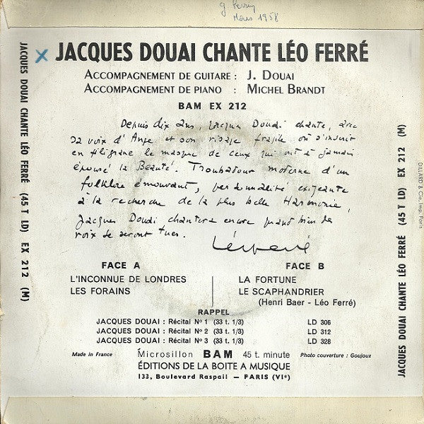 Jacques Douai : Jacques Douai Chante Léo Ferré I (7", EP)