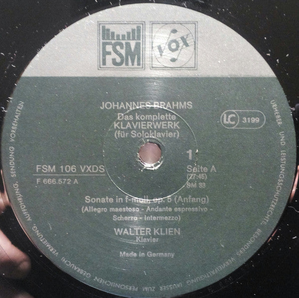Walter Klien - Johannes Brahms : Das Gesamte Klavierwerk (6xLP, Box)