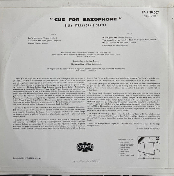 Billy Strayhorn's Septet : Cue For Saxophone (LP, Album)