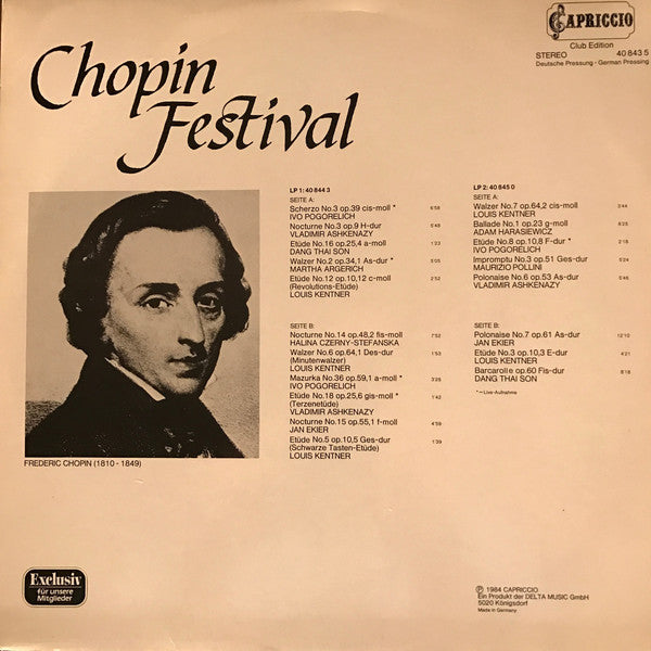 Frédéric Chopin, Ivo Pogorelich, Vladimir Ashkenazy, Dang Thai Son, Martha Argerich, Louis Kentner, Halina Czerny-Stefańska, Adam Harasiewicz, Maurizio Pollini, Jan Ekier : Chopin Festival (2xLP, Comp, Club, Gat)
